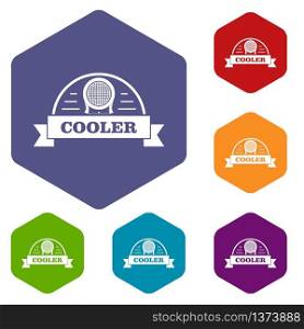 Air cooler icons vector colorful hexahedron set collection isolated on white . Air cooler icons vector hexahedron