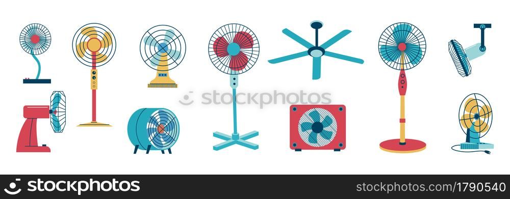 Air cooling fan. Electric home and office conditioning devices. Floor and desktop rotating blower with blades. Isolated ventilators set. Cartoon domestic climate system. Vector household equipment. Air cooling fan. Electric home and office conditioning devices. Cartoon domestic climate system. Floor and desktop rotating blower. Isolated ventilators set. Vector household equipment