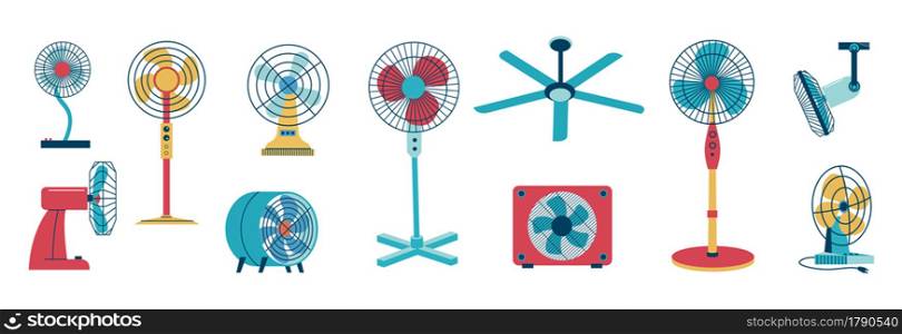Air cooling fan. Electric home and office conditioning devices. Floor and desktop rotating blower with blades. Isolated ventilators set. Cartoon domestic climate system. Vector household equipment. Air cooling fan. Electric home and office conditioning devices. Cartoon domestic climate system. Floor and desktop rotating blower. Isolated ventilators set. Vector household equipment