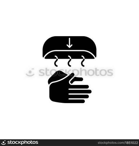Air dry hands black glyph icon. Hygienic alternative. Hand-drying method. Spreading germs risk. Electric device at public washroom. Silhouette symbol on white space. Vector isolated illustration. Air dry hands black glyph icon