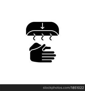 Air dry hands black glyph icon. Hygienic alternative. Hand-drying method. Spreading germs risk. Electric device at public washroom. Silhouette symbol on white space. Vector isolated illustration. Air dry hands black glyph icon