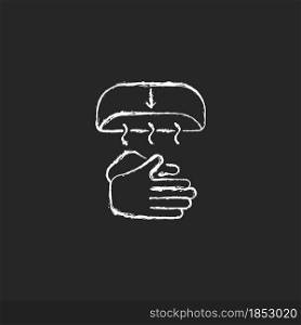Air dry hands chalk white icon on dark background. Hygienic alternative. Hand-drying method. Spreading germs risk. Electric device at public washroom. Isolated vector chalkboard illustration on black. Air dry hands chalk white icon on dark background