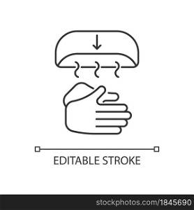 Air dry hands linear icon. Hygienic alternative. Hand-drying method. Spreading germs risk. Thin line customizable illustration. Contour symbol. Vector isolated outline drawing. Editable stroke. Air dry hands linear icon