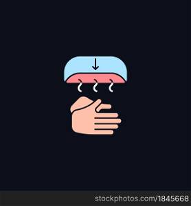 Air dry hands RGB color icon for dark theme. Hygienic alternative. Hand-drying method. Public washroom. Isolated vector illustration on night mode background. Simple filled line drawing on black. Air dry hands RGB color icon for dark theme
