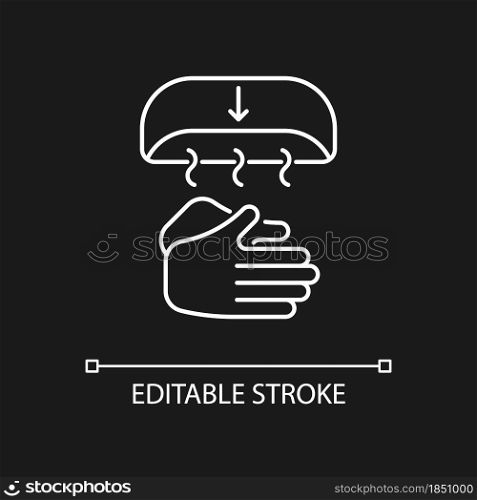 Air dry hands white linear icon for dark theme. Hygienic alternative. Hand-drying method. Thin line customizable illustration. Isolated vector contour symbol for night mode. Editable stroke. Air dry hands white linear icon for dark theme
