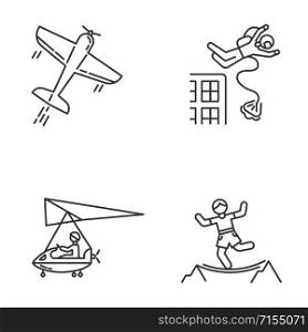 Air extreme sport linear icons set. Aerobatics, base jumping, micro lighting and highlining. Outdoor activities. Thin line contour symbols. Isolated vector outline illustrations. Editable stroke
