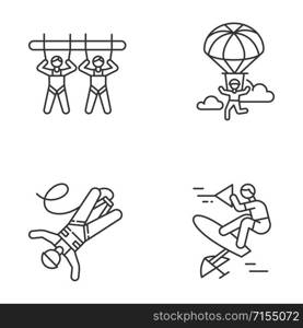 Air extreme sport linear icons set. Giant swing, parachuting, bungee jumping and wakeboarding. Outdoor activities. Thin line contour symbols. Isolated vector outline illustrations. Editable stroke