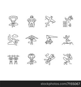 Air extreme sport linear icons set. Skydiving, parachuting, wingsuiting. Paragliding, aerobatics and bungee jumping. Thin line contour symbols. Isolated vector outline illustrations. Editable stroke
