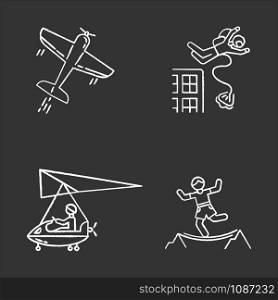 Air extreme sports chalk icons set. Aerobatics, base jumping, micro lighting and highlining. Outdoor activities. Adrenaline entertainment and risky recreation. Isolated vector chalkboard illustrations