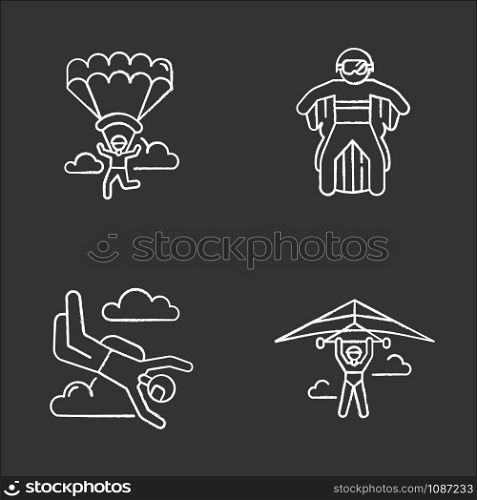 Air extreme sports chalk icons set. Hang gliding, skydiving, wing suiting and paragliding. Outdoor activities. Adrenaline entertainment and risky recreation. Isolated vector chalkboard illustrations