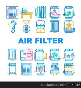 Air Filter Accessory Collection Icons Set Vector. Ventilation, Purifier And Humidifier Air Filter Replacement, Electronic Device Phone Control Concept Linear Pictograms. Contour Color Illustrations. Air Filter Accessory Collection Icons Set Vector