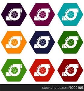 Air filter icons 9 set coloful isolated on white for web. Air filter icons set 9 vector