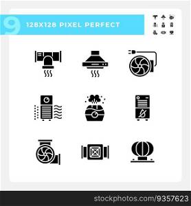 Air filtration black glyph icons set on white space. Fresh air. Respiratory health. Home equipment. House appliance. Silhouette symbols. Solid pictogram pack. Vector isolated illustration. Air filtration black glyph icons set on white space