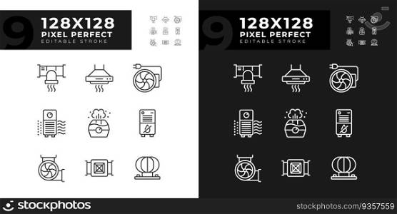 Air filtration linear icons set for dark, light mode. Fresh air. Respiratory health. Home equipment. House appliance. Thin line symbols for night, day theme. Isolated illustrations. Editable stroke. Air filtration linear icons set for dark, light mode