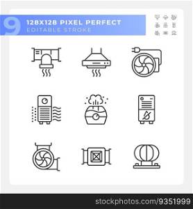 Air filtration linear icons set. Fresh air. Respiratory health. Home equipment. House appliance. Customizable thin line symbols. Isolated vector outline illustrations. Editable stroke. Air filtration linear icons set