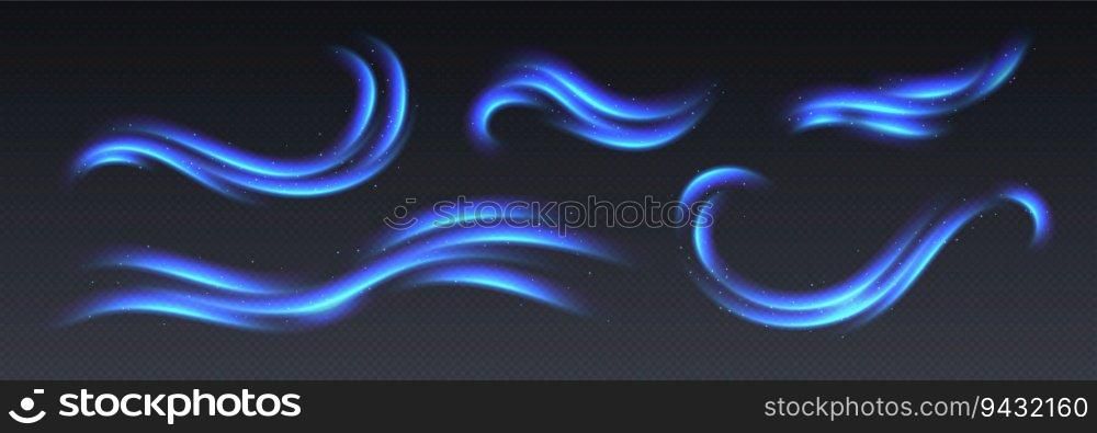 Air flow effect, aurora borealis or northern lights overlay, light trails with sparkles. Blue speed lines, cold wind in motion. Glowing twirls and swirls with stars. Abstract luminescent curves.. Air flow effect, aurora borealis or northern lights overlay, light trails with sparkles. Cold wind in motion