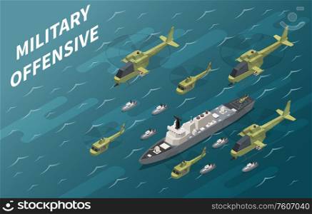 Air forces military offensive operation using aircrew and naval enforcement isometric composition ocean background vector illustration