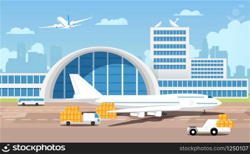 Air Freight Logistics. Airplane and Parcels on Trucks Come from Warehouse. Airport Building Background, International Express Delivery of Cargo, Transportation Shipping. Flat Vector Illustration.. Airplane and Parcels on Trucks Come from Warehouse