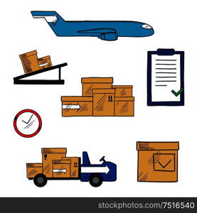 Air freight, transportation and shipping icons with cargo airplane and cardboard packages, airport truck and pallet conveyor, clock and clipboard with checklist. Air freight and shipping icons