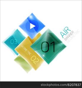 Air glossy square composition, glass geometric elements with infographic sample text and buttons