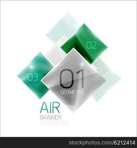 Air glossy square composition, glass geometric elements with infographic sample text and buttons