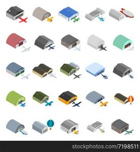 Air hangar icons set. Isometric set of 25 air hangar vector icons for web isolated on white background. Air hangar icons set, isometric style