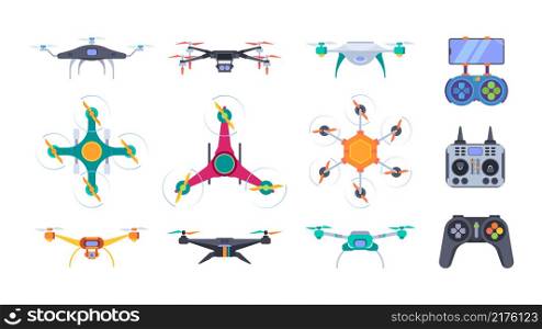 Air helicopters. Delivery drones with camera aerial outdoor photography smart aircraft systems garish vector flat pictures set. Illustration helicopter delivery, aircraft drone. Air helicopters. Delivery drones with camera aerial outdoor photography smart aircraft systems garish vector flat pictures set