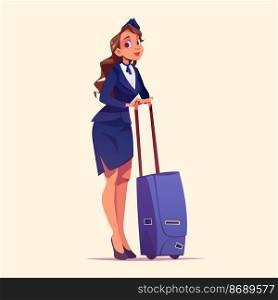Air hostess, stewardess with luggage. Young woman in uniform, aircrew company plane flight attendant. Career and professional occupation airport employee with suitcase, Cartoon vector illustration. Air hostess, stewardess with luggage aircrew girl
