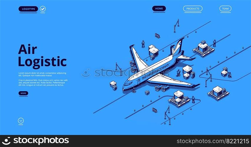 Air logistics isometric landing page. Airplane transport global delivery company service, cargo import export by plane, aircraft goods world transportation business, 3d vector line art web banner. Air logistics isometric landing airplane transport