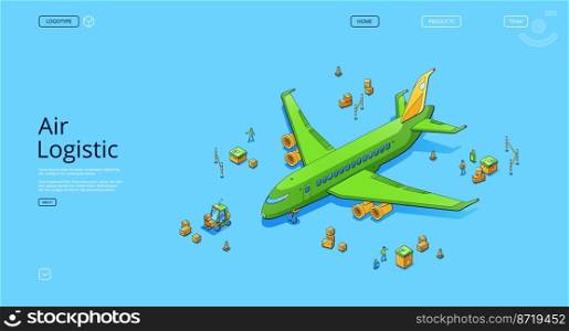 Air logistics isometric landing page. Airplane transport global delivery company service, cargo import export by plane, aircraft goods world transportation business, 3d vector line art web banner. Air logistics isometric landing airplane transport