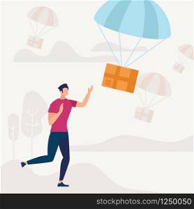 Air Mail Delivery. Young Man Character Run and Catching Parcel Box Falling Down with Blue Parachute from Sky. Transportation Shipping Package, Express Postal Service, Cartoon Flat Vector Illustration. Man Run and Catching Parcel Falling with Parachute