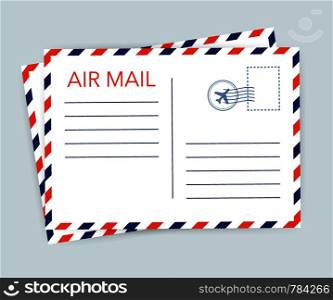 Air mail envelope with postal stamp isolated on white background. Vector stock illustration.
