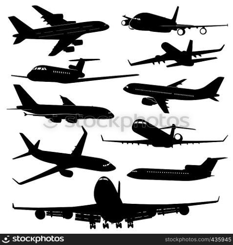 Air plane, aircraft jet vector silhouettes. Set of plane monochrome black, transportation and travel illustration. Air plane, aircraft jet vector silhouettes