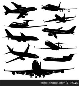 Air plane, aircraft jet vector silhouettes. Set of plane monochrome black, transportation and travel illustration. Air plane, aircraft jet vector silhouettes