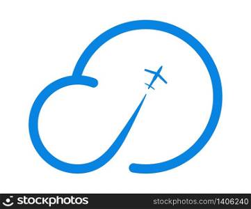 Air plane flight in the sky with blue cloud. Travel isolated voyage symbol. Flight in the blue cloud. Vector EPS 10.