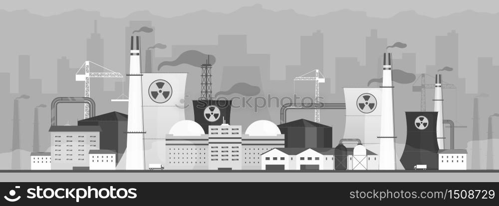 Air polluting factory flat color vector illustration. Dangerous power plant 2D cartoon landscape with cityscape on background. Industrial energy station fuming toxic waste. Hazardous city smog problem