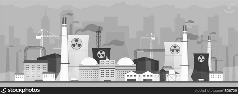Air polluting factory flat color vector illustration. Dangerous power plant 2D cartoon landscape with cityscape on background. Industrial energy station fuming toxic waste. Hazardous city smog problem