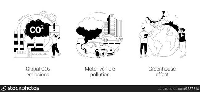 Air pollution abstract concept vector illustration set. Global CO2 emissions, motor vehicle pollution, greenhouse effect, car exhaust, transportation industry, ozone layer abstract metaphor.. Air pollution abstract concept vector illustrations.