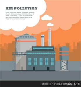 Air Pollution Banner. Factory with Smog Pipes. Air pollution banner. Factory with smog pipes isolated on the background of urban city silhouette. Industrial concept. Cause of health problems, acid rains and greenhouse effect. Vector illustration