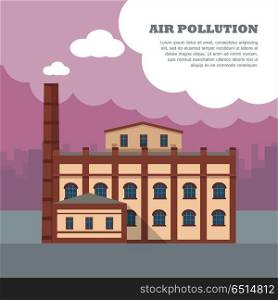 Air Pollution Banner. Factory with Smog Pipes. Air pollution banner. Factory with smog pipes isolated on the background of urban city silhouette. Industrial concept. Cause of health problems, acid rains and greenhouse effect. Vector illustration