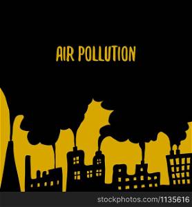 Air Pollution Cartoon Vector Illustration. Doodle Drawings Poster with Smoke and Houses in Black and Orange Colors. Air Pollution Cartoon Vector Illustration. Doodle Drawings Poster with Smoke and Houses