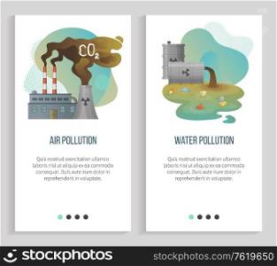 Air pollution vector, water waste and disposals, gas emissions from factories emitting co2 harmful substances, sewer pipe with garbage in it. Website or slider app, landing page flat style. Water and Air Pollution, Harm to Nature Ecology