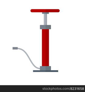 Air pump. Mechanical device for pumping. Pressure increase. Cartoon flat illustration. Red cylinder with handle and hose. Air pump. Mechanical device for pumping