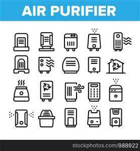 Air Purifier Devices Collection Icons Set Vector Thin Line. Electronic Appliance Air Purifier And Ionizer Concept Linear Pictograms. Ventilation Technology Monochrome Contour Illustrations. Air Purifier Devices Collection Icons Set Vector
