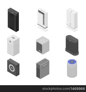 Air purifier icons set. Isometric set of air purifier vector icons for web design isolated on white background. Air purifier icons set, isometric style