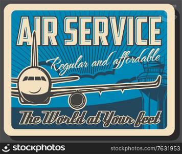Air service vector design of air travel and passenger transportation. Airport terminal traffic control tower and airline airplane or plane poster, international flight, aircraft and aviation themes. Air service, air travel, passenger transportation