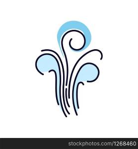 Air swirl blue RGB color icon. Cold fresh wind gust. Whirlwind. Good smell, evaporation. Aromatic fragrance. Smoke puff, breeze. Cool windy stream, fume. Isolated vector illustration