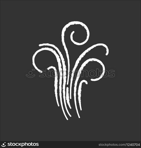 Air swirl chalk white icon on black background. Cold fresh wind gust. Whirlwind. Good smell, evaporation. Smoke puff, breeze. Cool windy stream, fume. Isolated vector chalkboard illustration