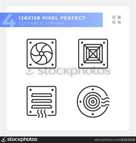 Air system linear icons set. Energy efficiency. Home ventilation. Air conditioning. Hvac service. Customizable thin line symbols. Isolated vector outline illustrations. Editable stroke. Air system linear icons set