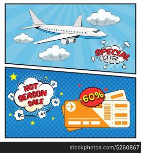 Air Tickets Sale Comic Style Banners. Season sale of air tickets comic style banners with clouds plane and boarding passes isolated vector illustration